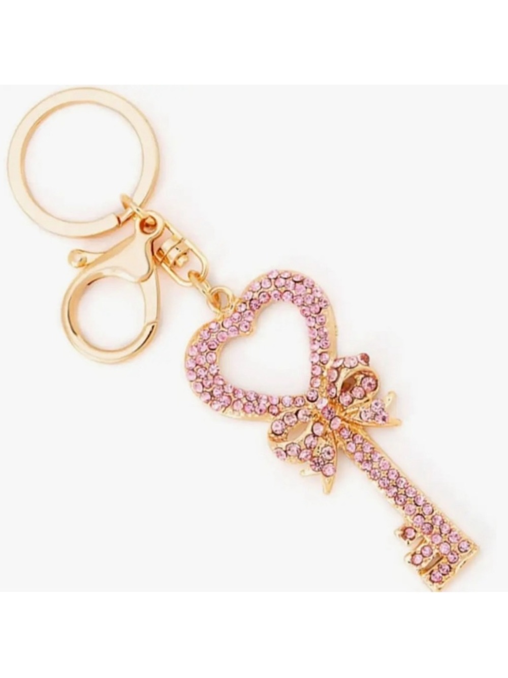 Gold-Tone Pink Crystal Heart Key Charm Keychain